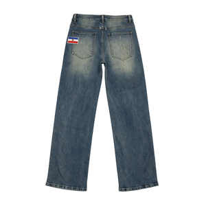 Pantalon en jean ample taille mi-haute style patchwork vintage avec badges brodés multiples, coupe large délavée pour Hip Hop Punk - Product Image 4
