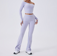 Combinaison de yoga à manches longues et épaules dénudées, 2 pièces, pantalon ajusté taille haute, tenue de fitness pour pilates en salle, tenue de yoga grande taille