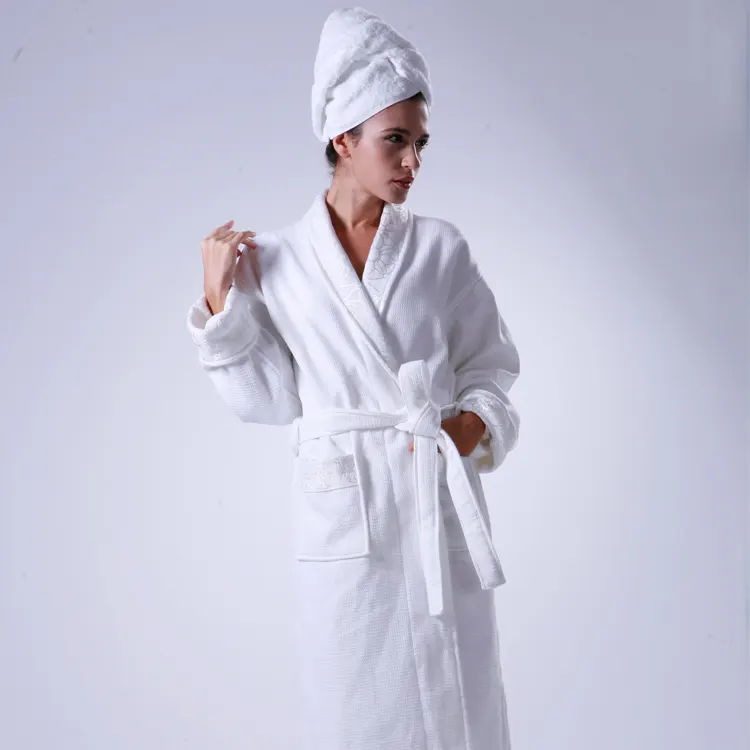Wholesale Waffle Terry Cloth 100% Linen Cotton Man Women Hotel Bathrobes Robes Custom Made Designs Customized Designs White