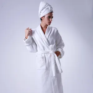 Peignoir en tissu éponge gaufré pour hommes et femmes, 100% lin, coton, sur mesure, design personnalisé, blanc, vente en gros, livraison gratuite