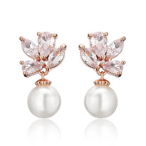 Boucles d'oreilles RAKOL EP1137 luxueuses en argent plaqué or rose, avec cristaux de zircon et grandes perles, pour mariage - Product Image 1