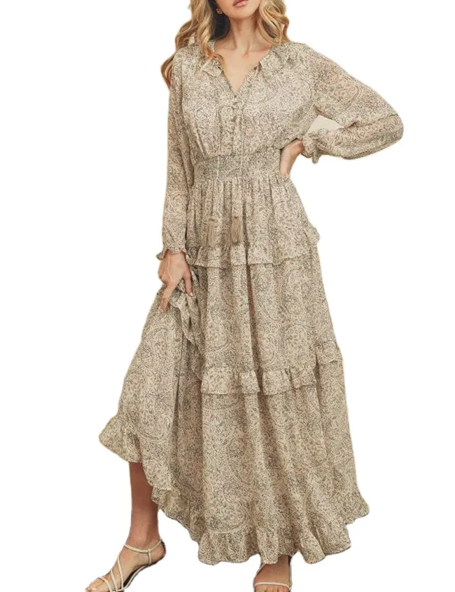 2023 Winter Wholesale Casual Women Long Sleeve V Neck Tiered Ruffle Paisley Print Maxi Dress with Shirred Waist