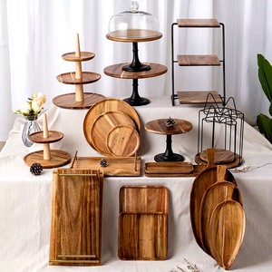 Ensemble de plateaux en bois d'acacia, support à gâteau rond en bois massif, plateau à dessert, décorations de table pour fête d'anniversaire, couleur rétro, usage domestique - Product Image 1