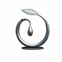 Sculpture moderne abstraite en acier inoxydable poli miroir, motif feuille et goutte d'eau, couleurs personnalisables pour aménagement paysager extérieur