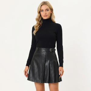 Jupe mini plissée en cuir taille haute pour femme, couleur unie, design brillant, toutes saisons - Product Image 1