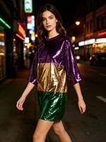 T-shirt à sequins à manches courtes, coloris violet, or et vert, haut scintillant pour défilé de carnaval, fête à thème ou costume