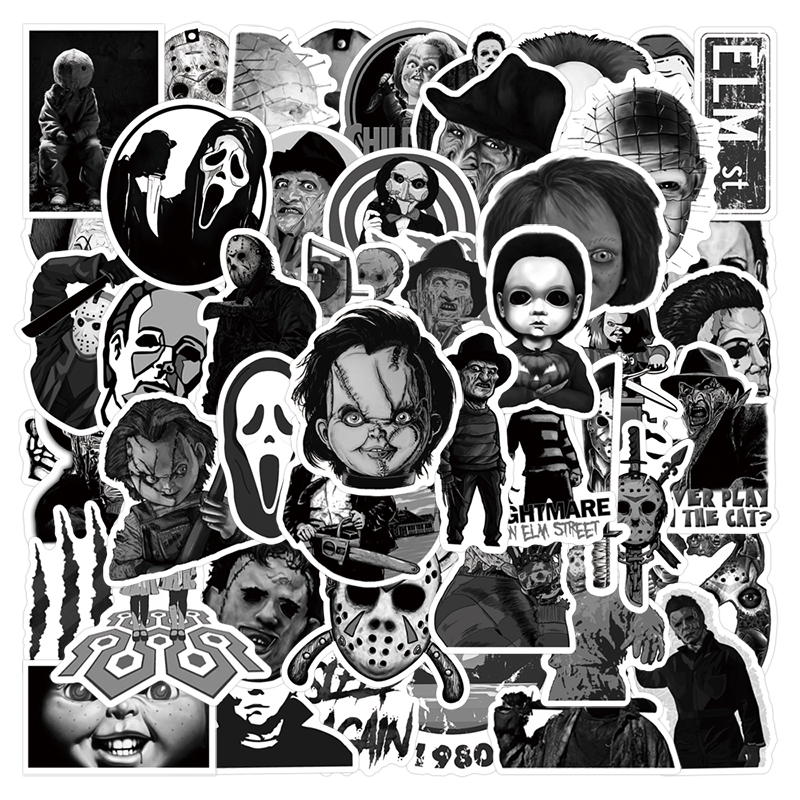 50Pcs Mixed Black and White Horror Punisher Waterproof Stickers Halloween Stickers Waterproof PVC Vinyl Sticker