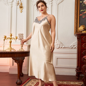 Pigiama di raso lungo <span class=keywords><strong>taglie</strong></span> <span class=keywords><strong>forti</strong></span> con gonna sottoveste alla moda camicia <span class=keywords><strong>da</strong></span> <span class=keywords><strong>notte</strong></span> in pizzo per la primavera estate vestiti Casual per la casa con motivi solidi - Product Image 6