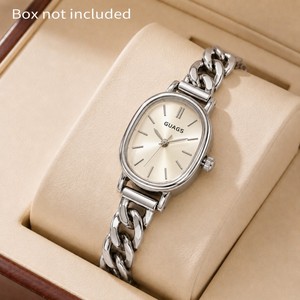 Montre à quartz avec cadran ovale argenté, bracelet en chaîne, montre-bracelet pour femme, montre analogique minimaliste pour un usage quotidien - Product Image 2