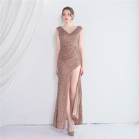 19261 #2022newhandmade perles mode femmes Sexy décolleté en V profond paillettes robes de soirée Sexy longues femmes fête robe de soirée de bal