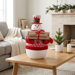 Luxury Red Top Hat Snowman Sculpture with Wooden Logs for <b>Winter</b> Hearth Party <b>Decor</b> Wholesale - Product Image 3