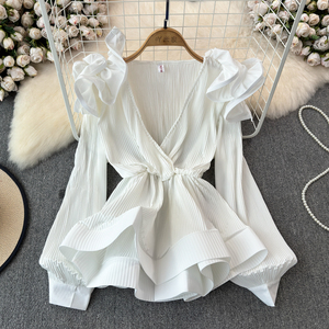 Ruffle Waisted Shirt Women's V-Neck Solid Color 3D Petal <b>Top</b> Fashion - Product Image 2