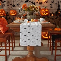 Drapeau de table rectangulaire Manju Halloween Petit Fantôme en fibre de polyester PV, broderie tridimensionnelle durable, décoration noir et blanc