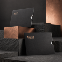 Pochette en papier noir mat imprimée sur mesure avec logo doré et encoche découpée pour les commandes de marques de détail