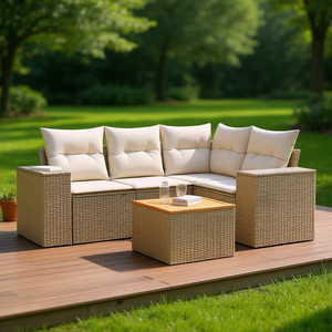 Conjunto de Sofás Modulares de Jardín en Poliratán Beige, Muebles de Exterior Cómodos de Diseño Moderno - Product Image 2