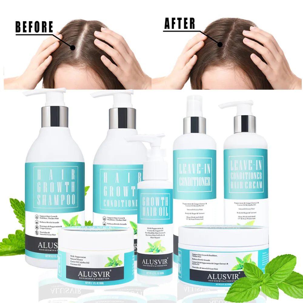 Kit per la cura dei capelli all'ingrosso menta crescita dei capelli olio Shampoo balsamo maschera lasciare In balsamo crema bordo controllo Set etichetta privata