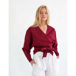 <b>100</b>% Natural <b>Linen</b> <b>Fabric</b> Long Sleeves Cool Women Boho Wrap Blouse With Pure Front Tie Top - Product Image 1