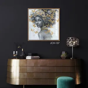 African American Wall Art Abstract Black Woman with Indian Portrait Picture Golden Black White Canvas Print Framed Artwork