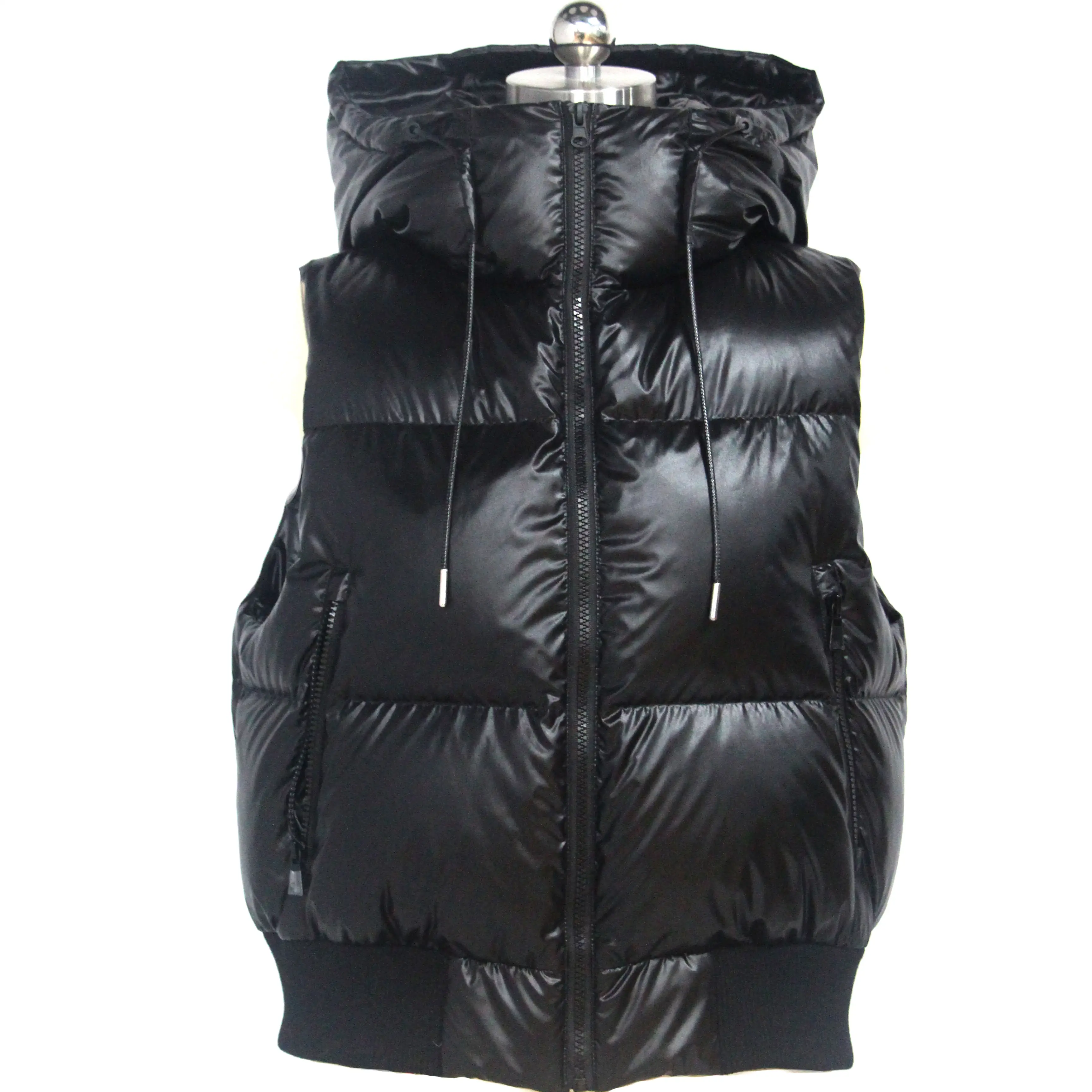 Black shine sleeveless lady down jacket fur utility women puffer vest Women's Vests & Waistcoats with hood
