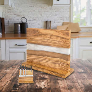 Grand bloc universel pour couteaux en résine époxy Porte-<span class=keywords><strong>couteau</strong></span> en bois d'olivier naturel avec aimant pour le <span class=keywords><strong>rangement</strong></span> des couteaux de cuisine - Product Image 4