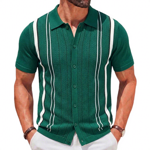 Polo en tricot rayé vert pour homme, manches courtes, décontracté, boutonné devant, respirant, en coton, coupe classique - Product Image 1