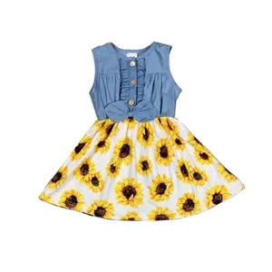 Customize Girls Patriotic Dress Wholesale Preorder Boutique Children Clothes Baby Girl Denim / Floral Dress