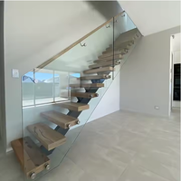 CBMmart Wholesale Modern Custom Mono Stringer Straight Staircase Beech Oak Wood Tread Glass Railing Indoor Villa Building