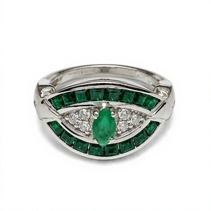 <b>Emerald</b> and Diamond Children's Luxury <b>Ring</b> in 925 Sterling <b>Silver</b> Rhodium Plated Unisex - Product Image 1