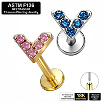 Piercing Labret en Titane ASTM F136 G23 avec Zircon, Plaqué Or, Sans Filetage, à Poussoir, pour Cartilage et Lèvre, Bijoux Corporels, Vente en Gros