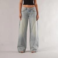 Jeans vintage délavés taille basse pour femme, coupe ample et large, style baggy, denim Y2K streetwear, jambe droite
