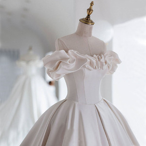 Satin Wedding Dress Off The Shoulder Princess Ball Gown Sweetheart Neckline Simple Elegant Forest Style Train For Brides - Product Image 3