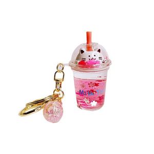 Lindo Llavero de Té Boba - Llavero de Coche con Gato y Flor de Cerezo Kawaii, Colgante Creativo de Resina, Regalo para Niñas y Mujeres - Product Image 1