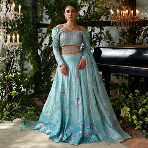 off Shoulder Embroidered <b>Lehenga</b> Set Floral Beaded Two Piece Wedding Dress Long Sleeve Banarasi Style Detachable Train Illusion - Product Image 1