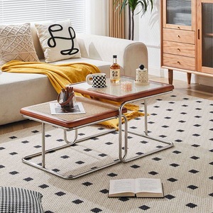 Mid-Century-Beistelltisch-Set aus 2 Teilen mit Chromrohrrahmen, geflochtenem Rattan und Glasplatten, Beistelltische für das Wohnzimmer - Product Image 6