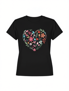 T-shirt con cuore floreale da donna, manica corta, comoda maglietta in cotone con scollo rotondo, casual, primavera estate, con stampa di San Valentino - Product Image 1