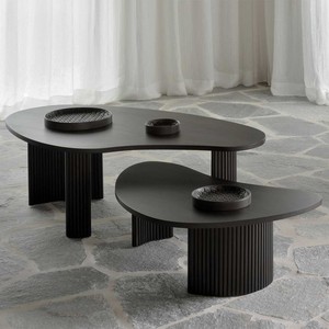 Modern Dark Wood <b>Nesting</b> Coffee <b>Table</b> Set of 2 Irregular Organic Shape Fluted Base Living Room Center <b>Tables</b> - Product Image 2