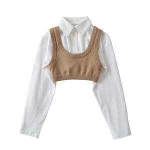 时尚女士休闲上衣翻下领长袖衬衫配针织裁剪上衣女士两件套 - Product Image 4