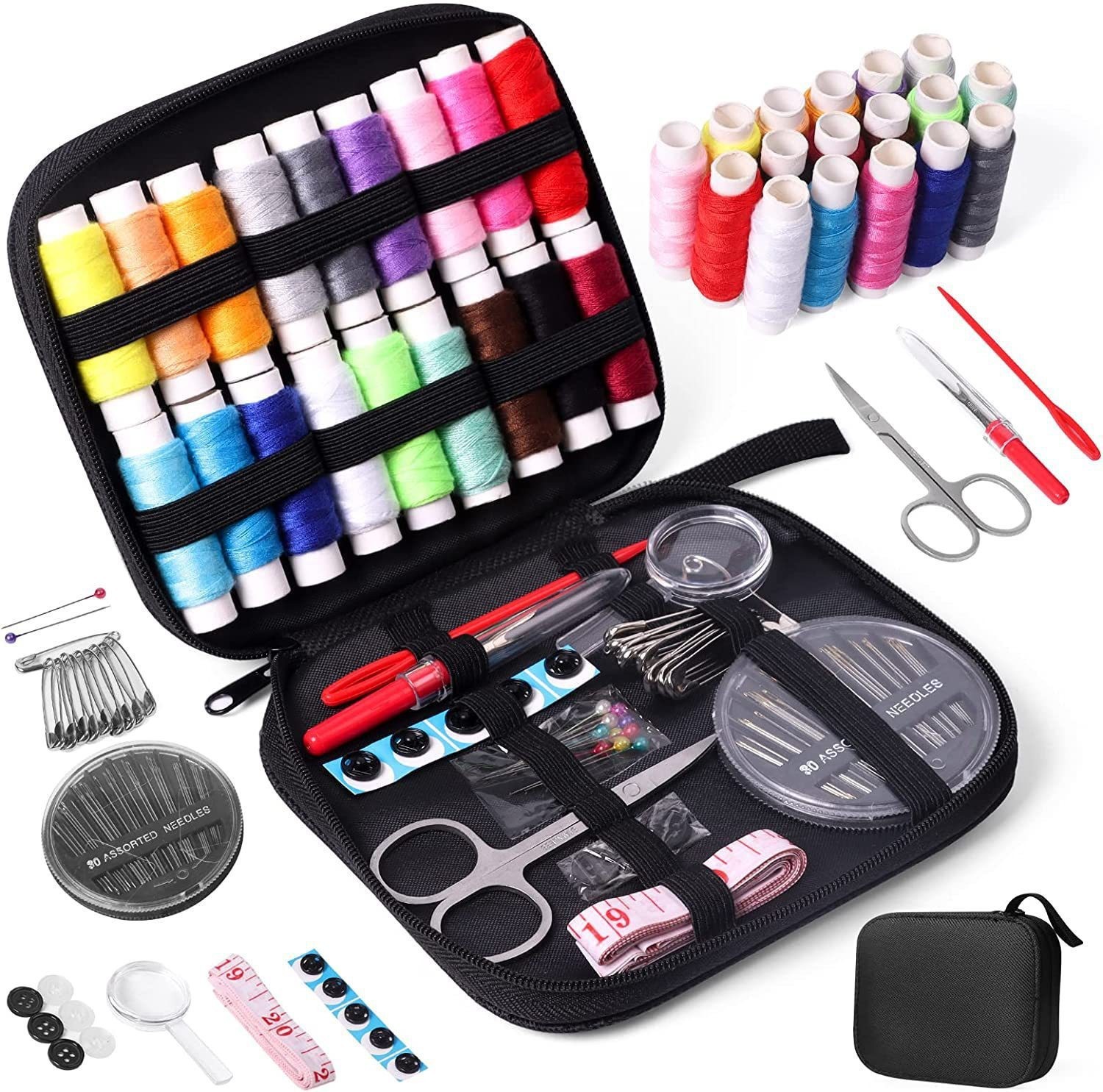 black 86-piece magnifying glass sewing kit