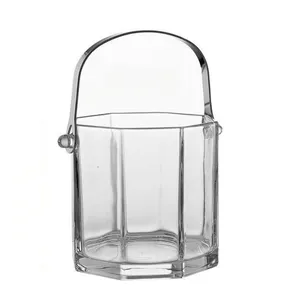 Cubo de hielo de vidrio octogonal reutilizable a precio de fábrica con mango SUS y Clip de pinzas, contenedor de refrigeración de jugo de cerveza de champán, barril de hielo