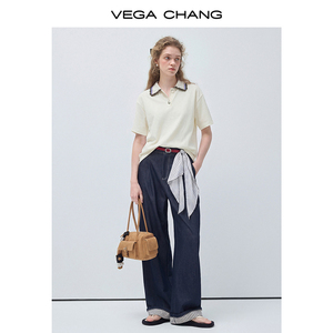 <span class=keywords><strong>Camiseta</strong></span> de Mujer VEGA CHANG, Corte Holgado, Cuello de <span class=keywords><strong>Crochet</strong></span>, Color Crema Blanco, Manga Corta, Cierre de Botones, Estilo Casual con Ribete de Encaje - Product Image 3
