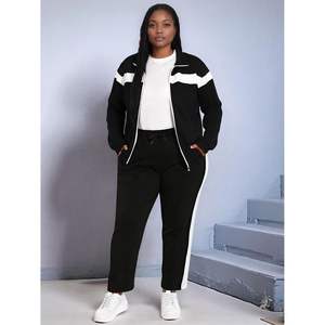 Conjunto deportivo de dos piezas para mujer, talla grande, con chaqueta con cremallera, pantalones deportivos, ropa informal para estar en casa, diseño con rayas laterales. - Product Image 2