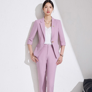 Women's Sky Blue Suit Set Three Quarter Sleeve Anti-Wrinkle Spring Professional Style - Product Image 3