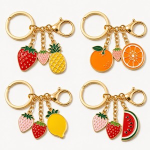 Nouvelle mode personnalisée, porte-clés mousqueton en métal émaillé imprimé, motifs fruits (pastèque, orange, fraise, pomme) avec pendentif - Product Image 1