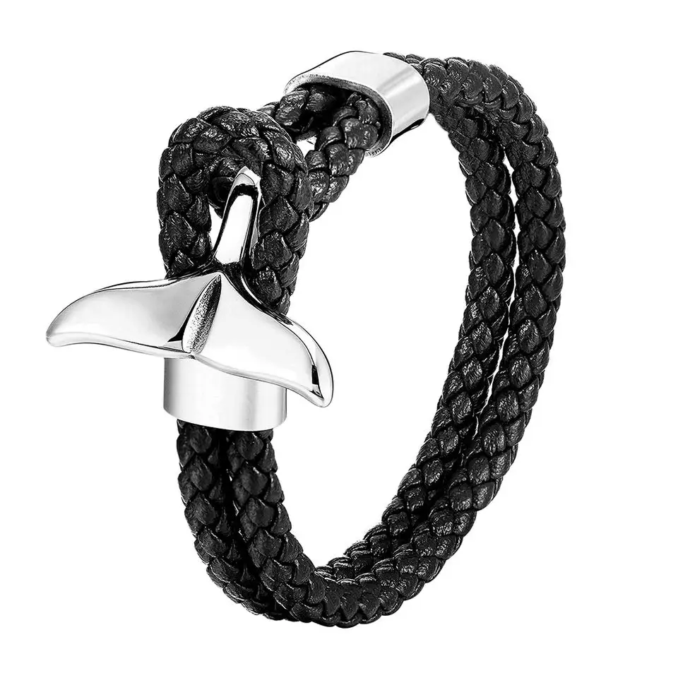 Simple Men Stainless Steel Black Natural Cow Genuine Braided Leather Bracelet Fishtail Anchor Bulk Men Bracelet Jewelry OT-177