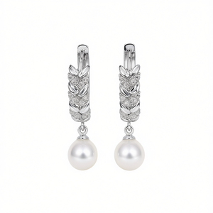 Eleganti Orecchini Pendenti in Oro Bianco con Perle e Diamanti Incastonati, Gioielli da Sposa per Donne, Argento 925, Design Classico a Foglia - Product Image 1