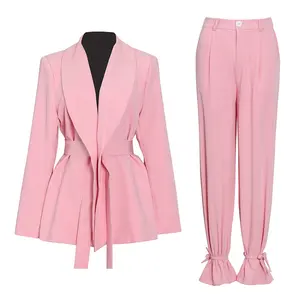 New Fashion Two Piece Set Women Clothing Business Formal Ladies Suit Pink Blazer and Pants Custom Sets Polyester Woven V-neck