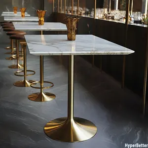 Tables de bar carrées en marbre blanc, base en acier inoxydable, tulipe dorée, vente en gros
