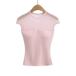 Camisetas de Manga Corta con Cuello Redondo de Encaje para Mujer, Diseño Transparente con Parches, Top Ajustado con Relleno - Product Image 3