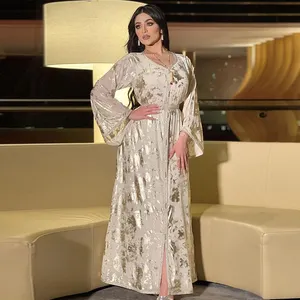 Gaun Abaya Muslim Fashion Grosir Gaun Musim Gugur Eropa Amerika Dubai Jalabiat Turki Arab Maroko Kaftan Putih Emas