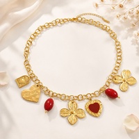Collar de cadena con colgante de cuentas rojas ámbar vintage SUMMLY, de acero inoxidable, con dijes de sol, corazón y pez, joyería de moda para mujer